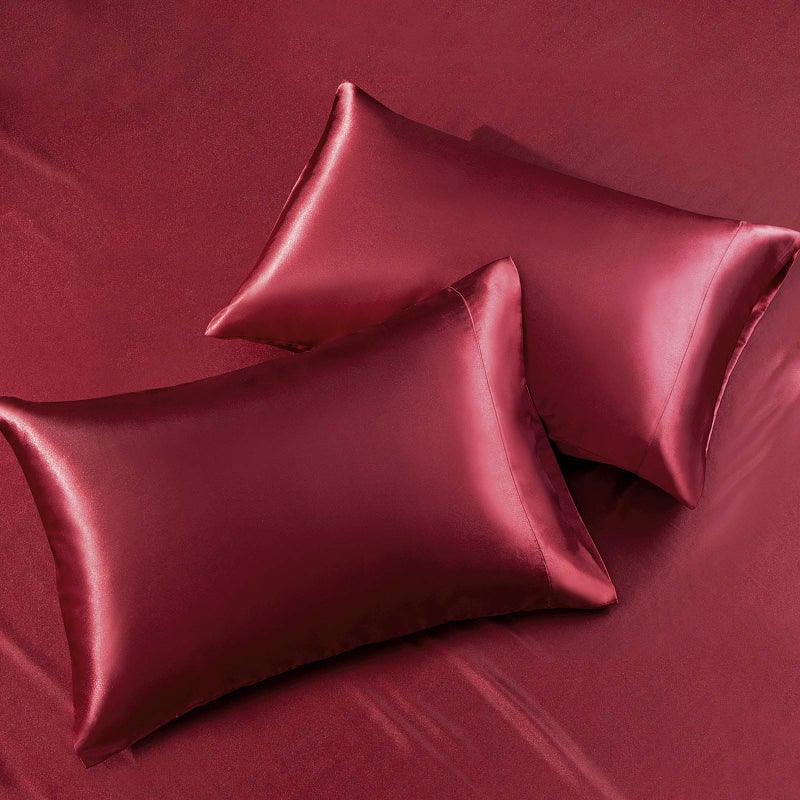 SiinvdaBZX 4Pcs Satin Sheet Set Queen Size Ultra Silky Soft Burgundy Satin Queen Bed Sheets with Deep Pocket  1 Fitted Sheet  1 Flat Sheet  2 Envelope Closure Pillowcases - Image 3